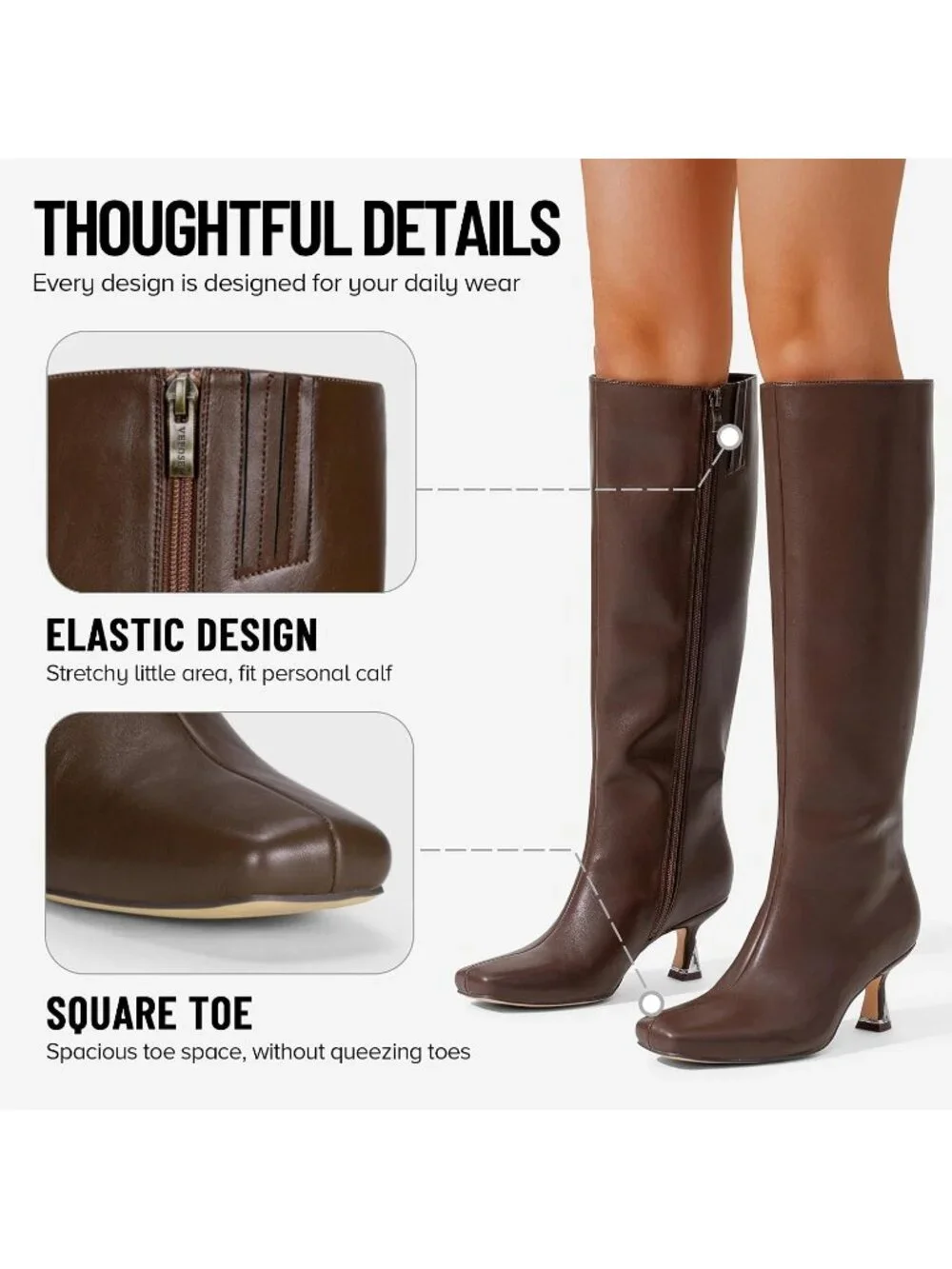 Women's Brown Square Toe Kitten Low Heel with Zipper Tall Dress Knee High Boots